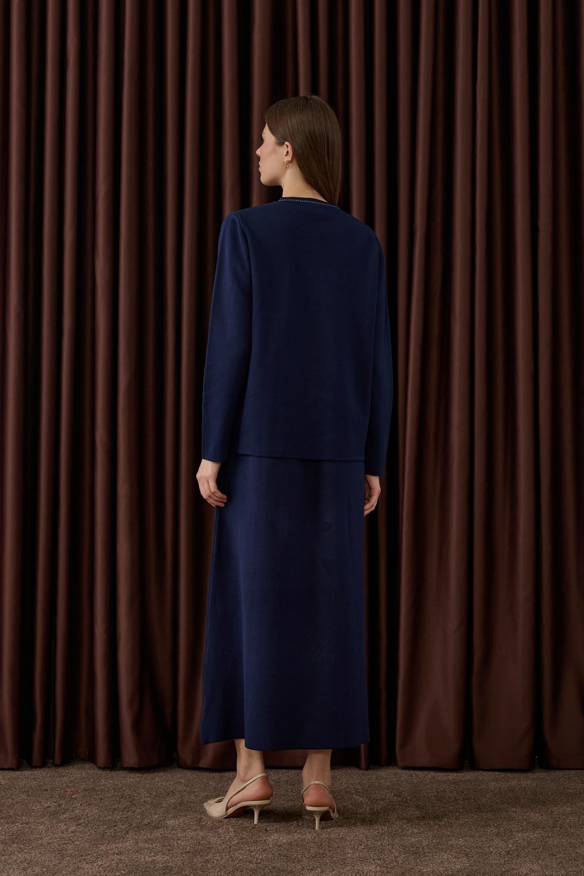 Adela Dikiş Detaylı Triko İçlik Elbiseli Takım LACİVERT