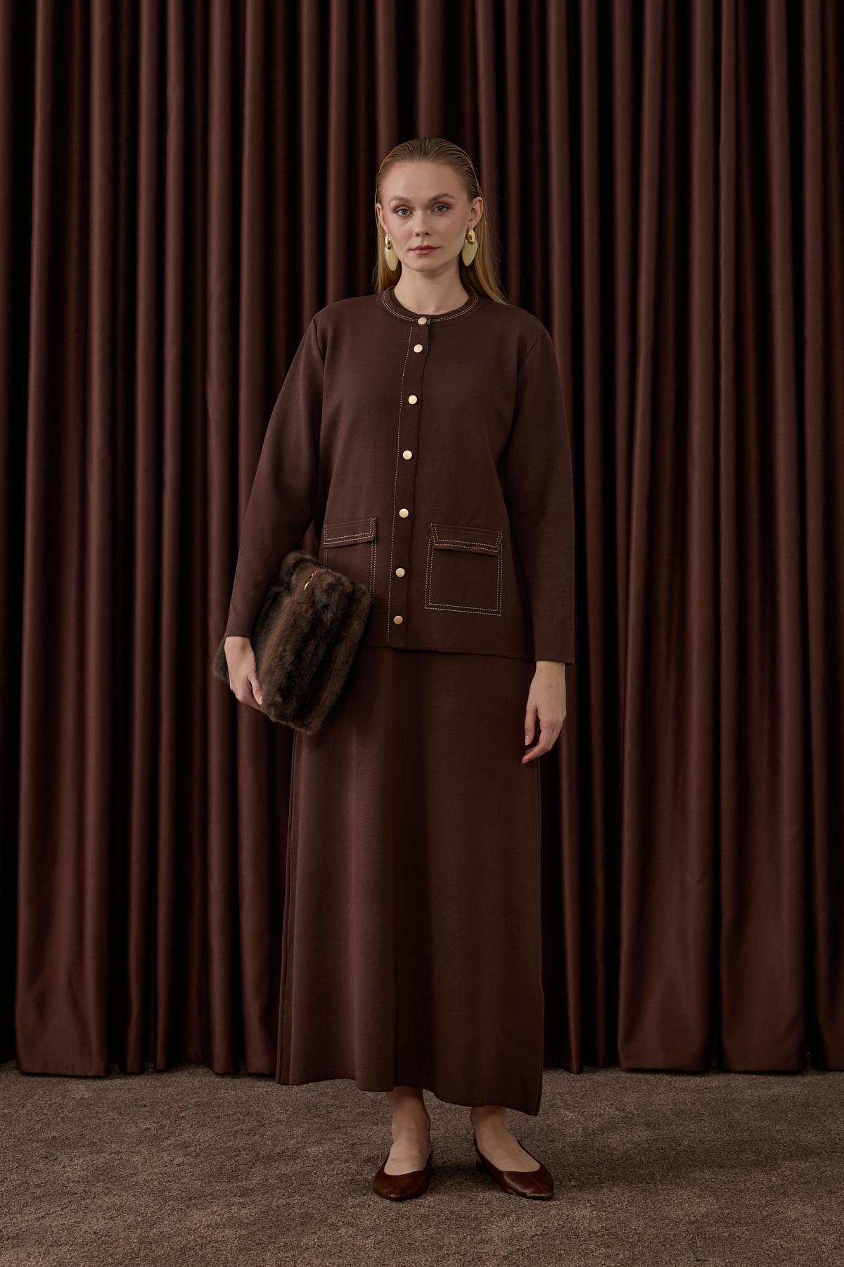 Adela Dikiş Detaylı Triko İçlik Elbiseli Takım KAHVERENGİ