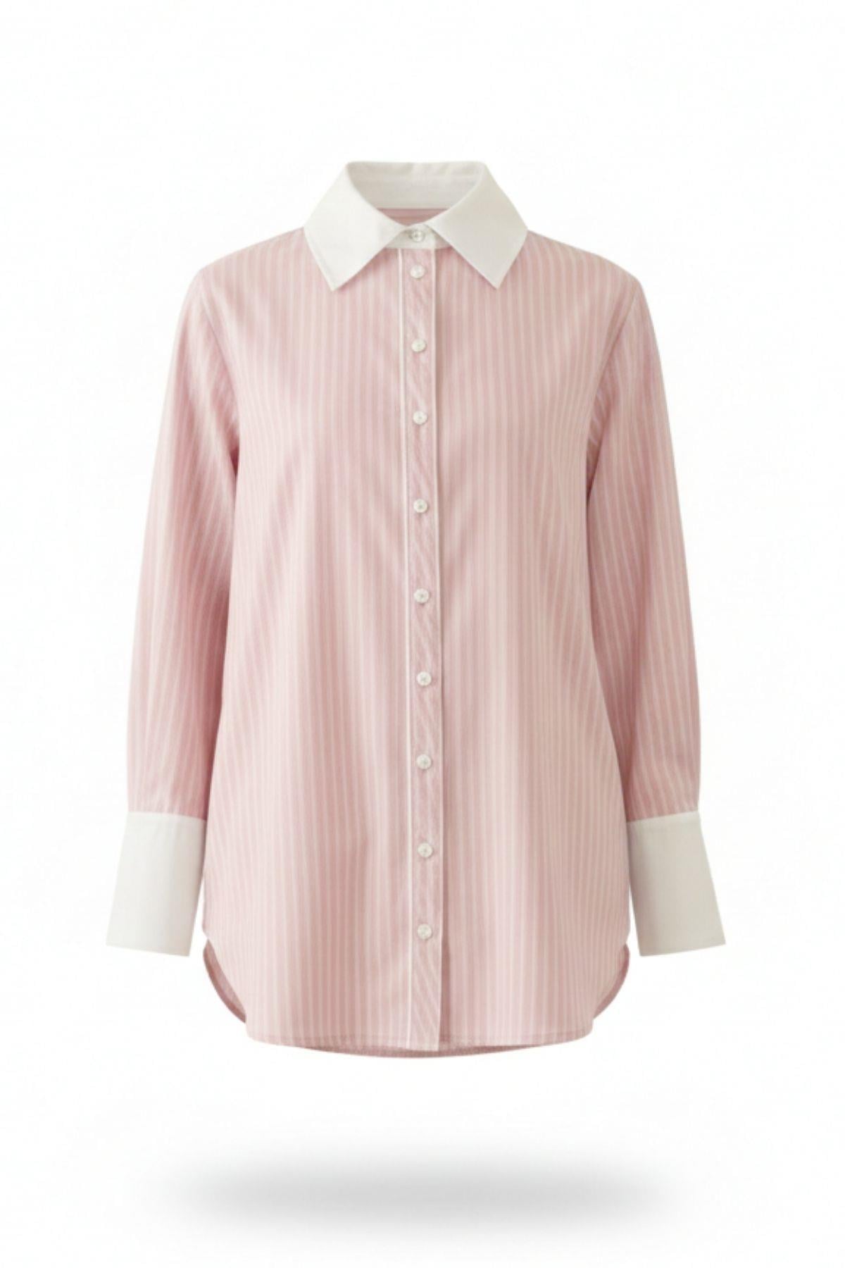 Adesya Kontrast Renkli Biyeli Çizgili Gömlek PEMBE