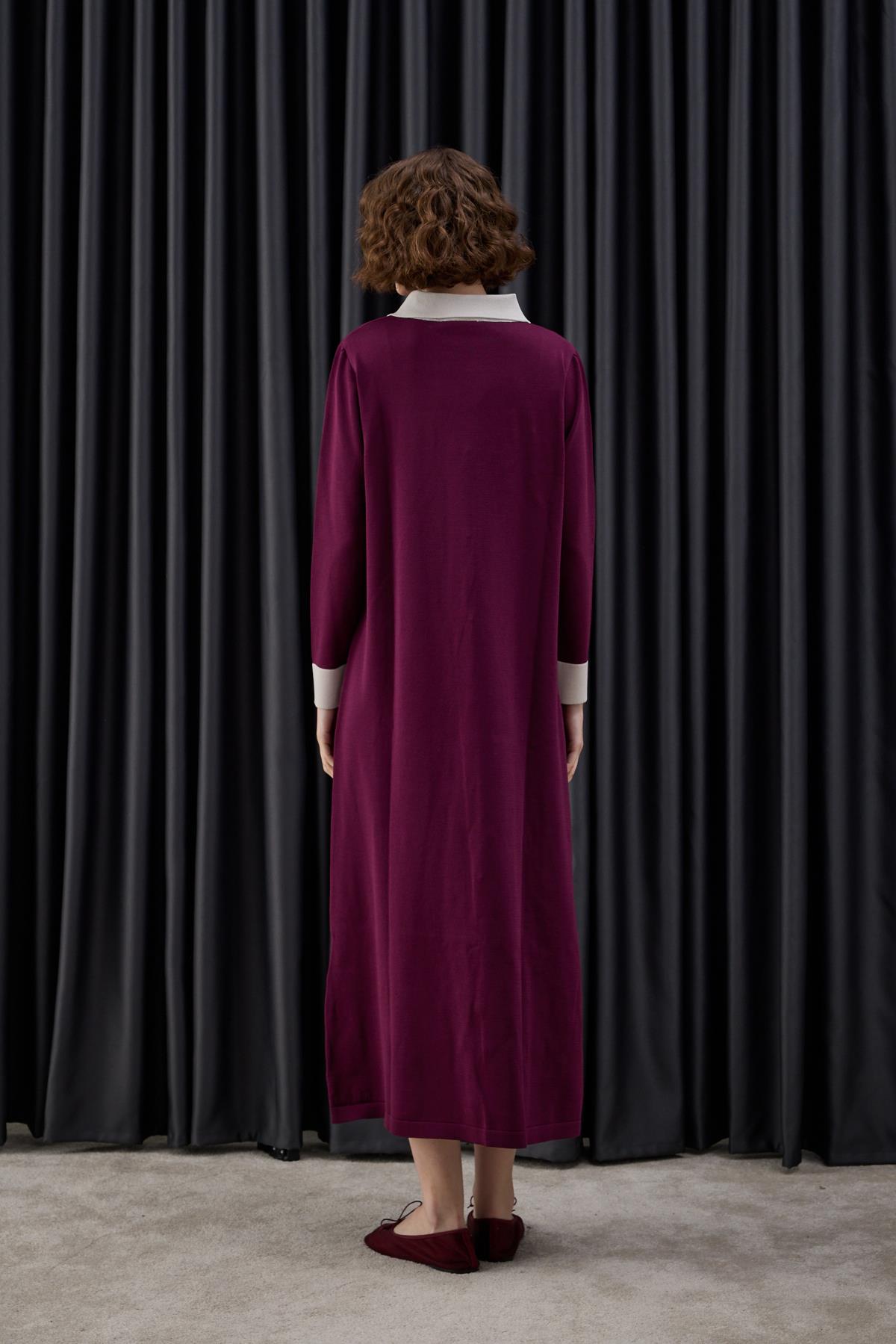 Amanda Deri Kemerli Çift Renk Triko Elbise MÜRDÜM