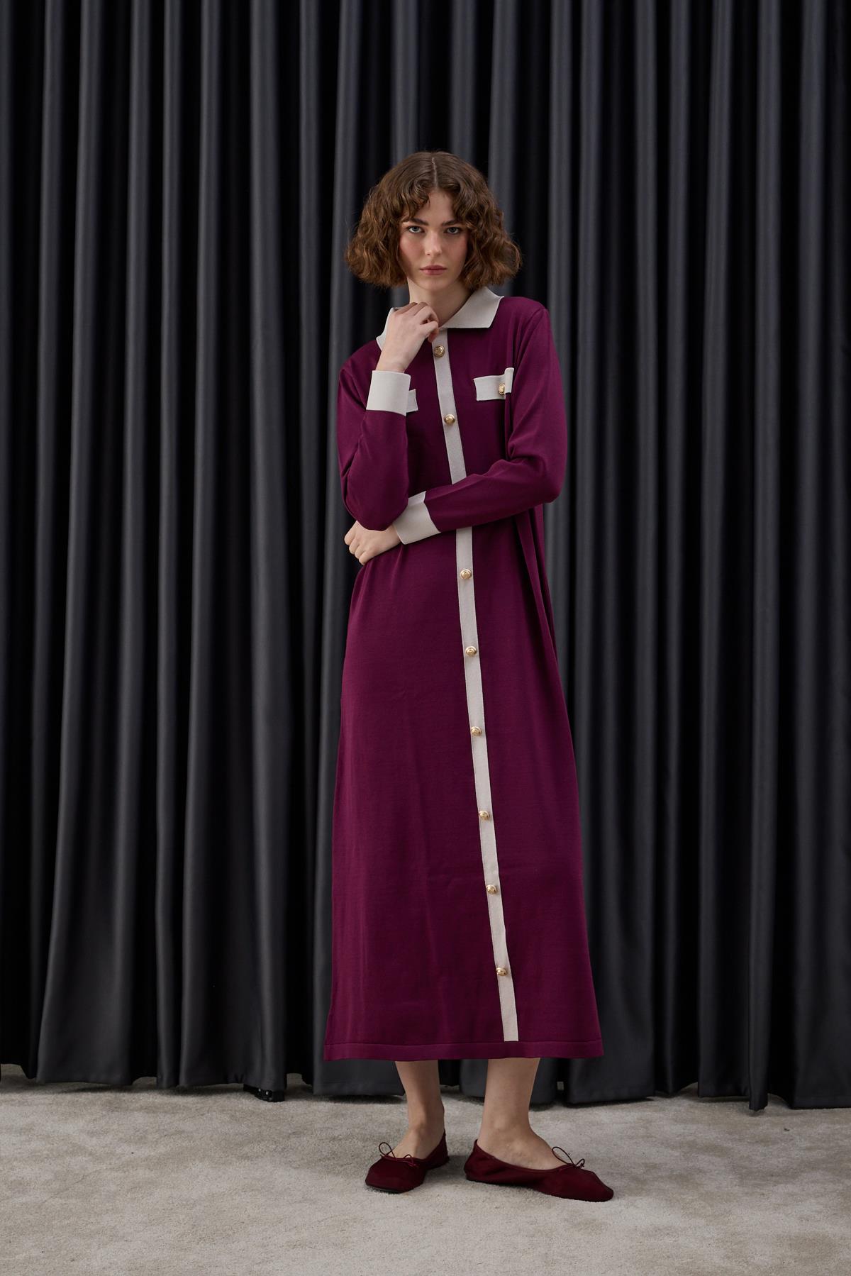 Amanda Deri Kemerli Çift Renk Triko Elbise MÜRDÜM