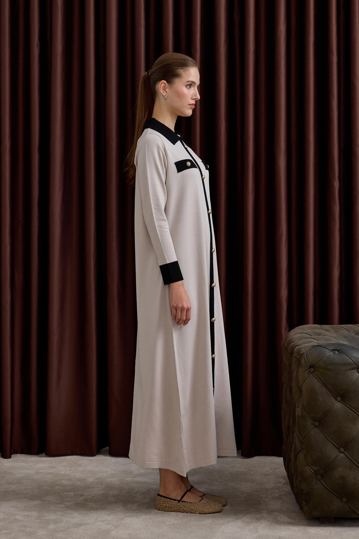 Amanda Deri Kemerli Çift Renk Triko Elbise TAŞ