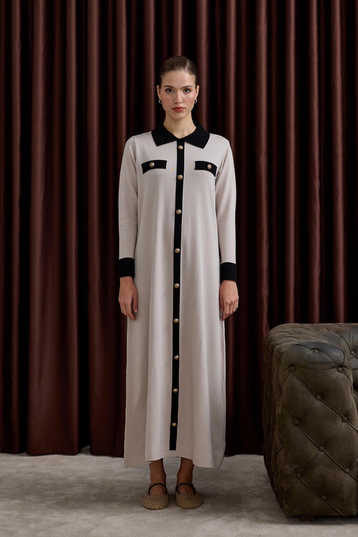 Amanda Deri Kemerli Çift Renk Triko Elbise TAŞ