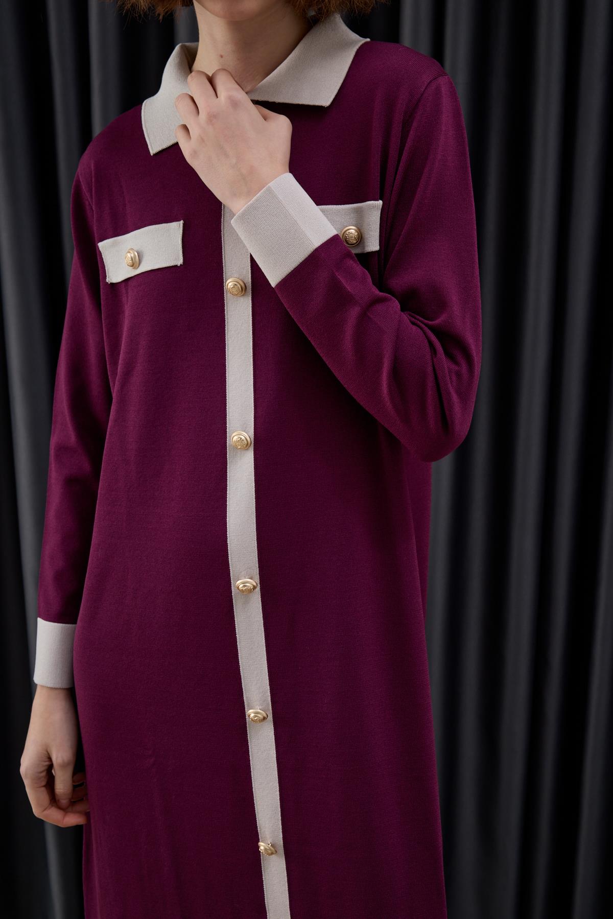 Amanda Deri Kemerli Çift Renk Triko Elbise MÜRDÜM