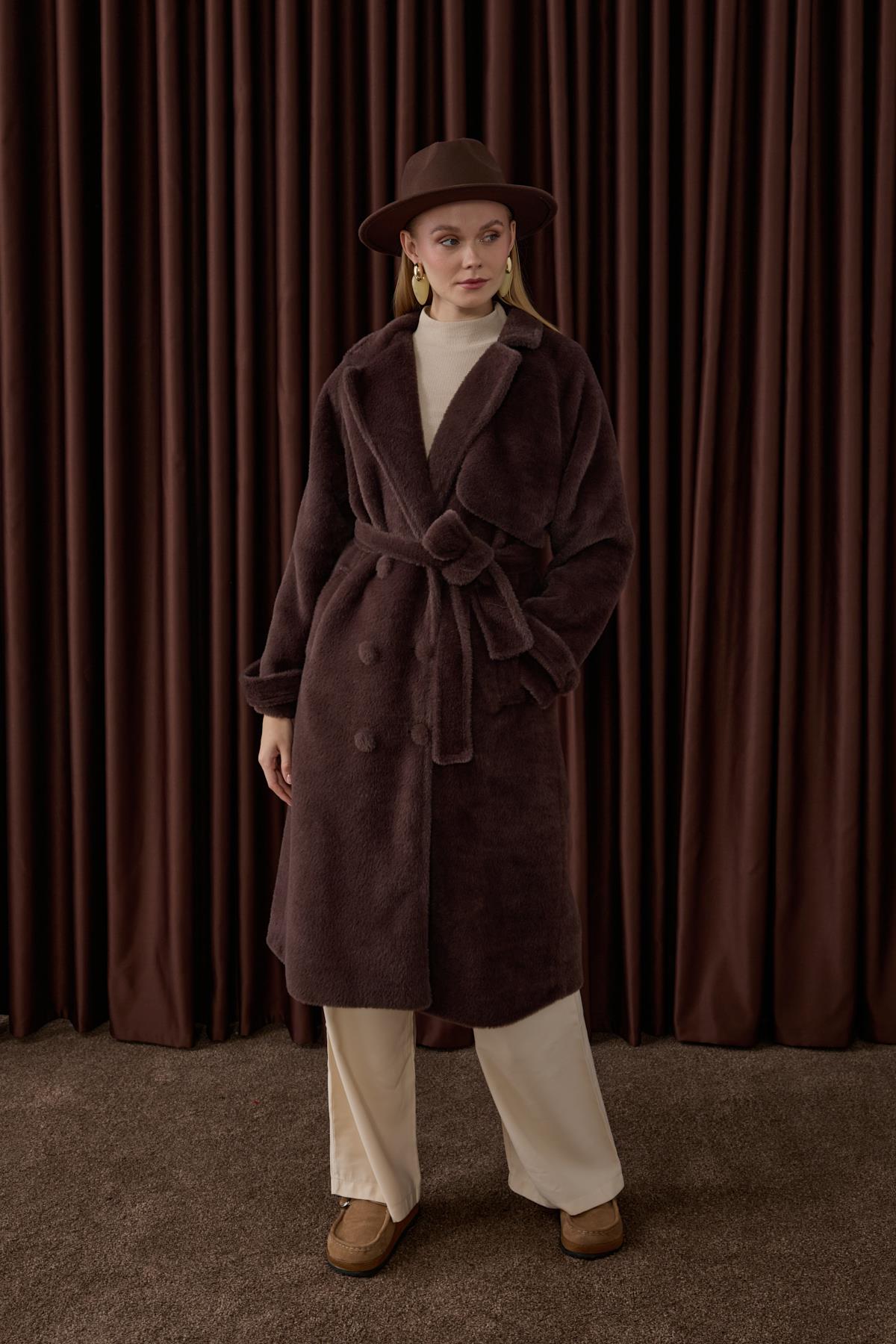 Danish Düğmeli Kuşaklı Kaban KAHVERENGİ