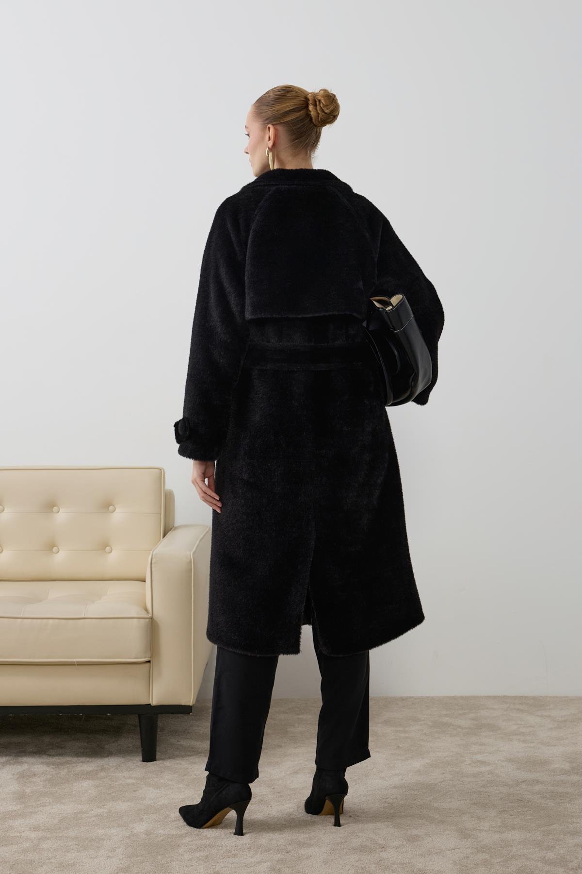 Danish Düğmeli Kuşaklı Kaban SİYAH