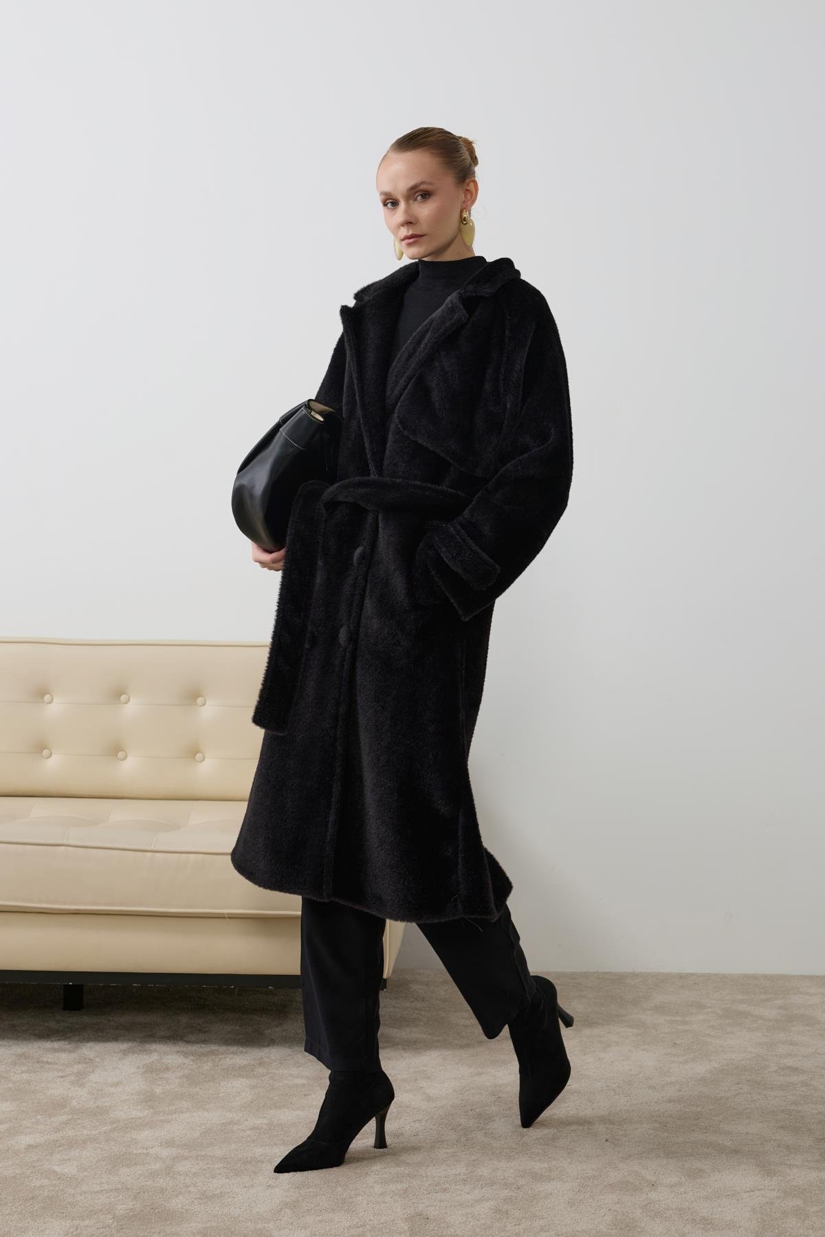 Danish Düğmeli Kuşaklı Kaban SİYAH