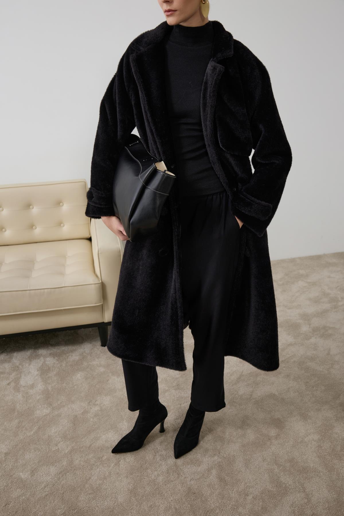 Danish Düğmeli Kuşaklı Kaban SİYAH