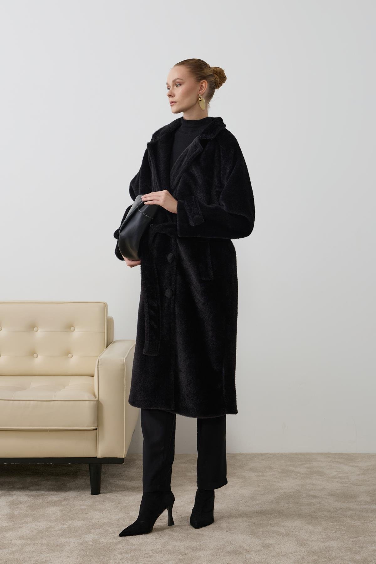 Danish Düğmeli Kuşaklı Kaban SİYAH