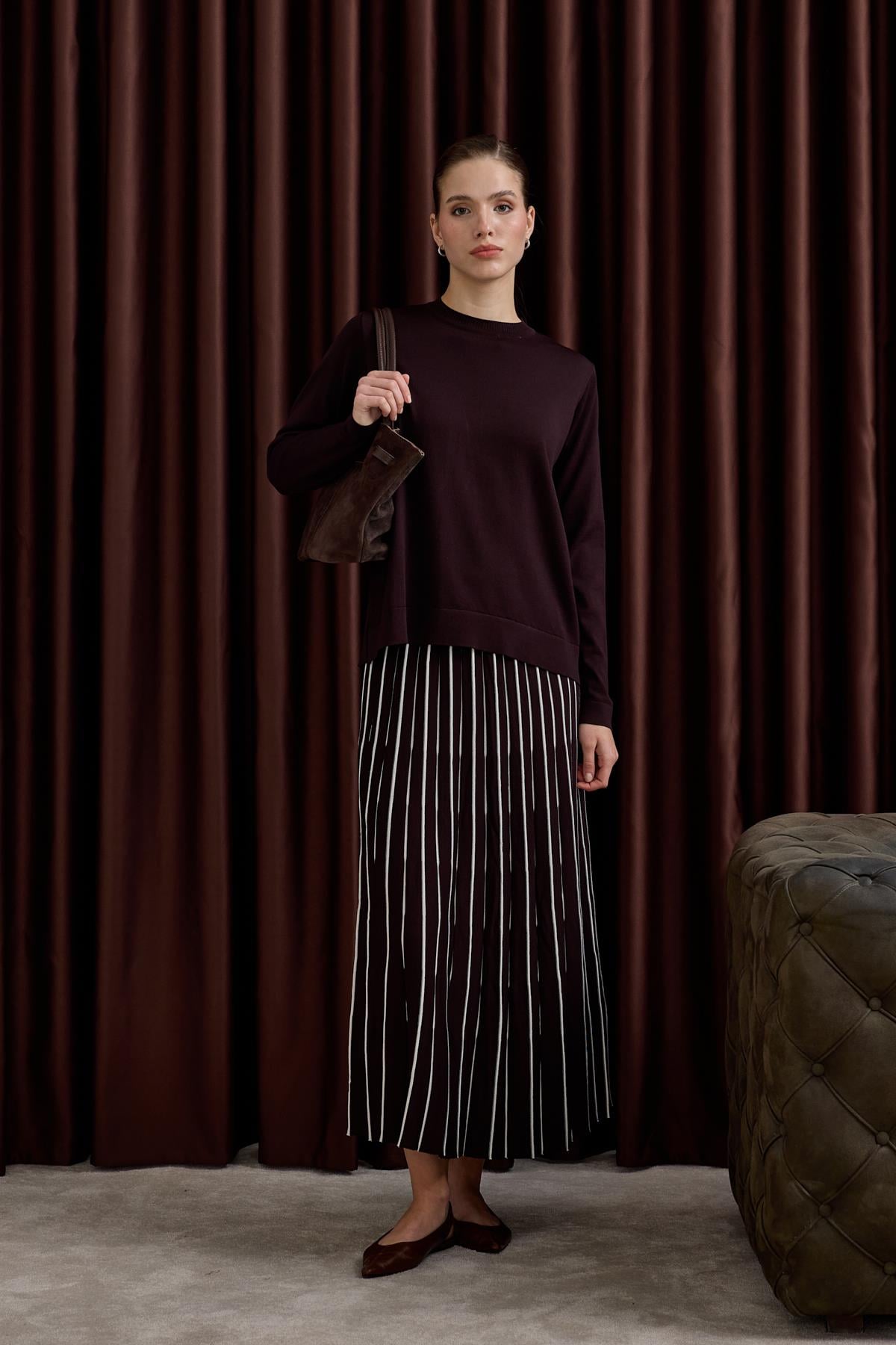 Diamond Piliseli Triko Etekli Takım KAHVERENGİ