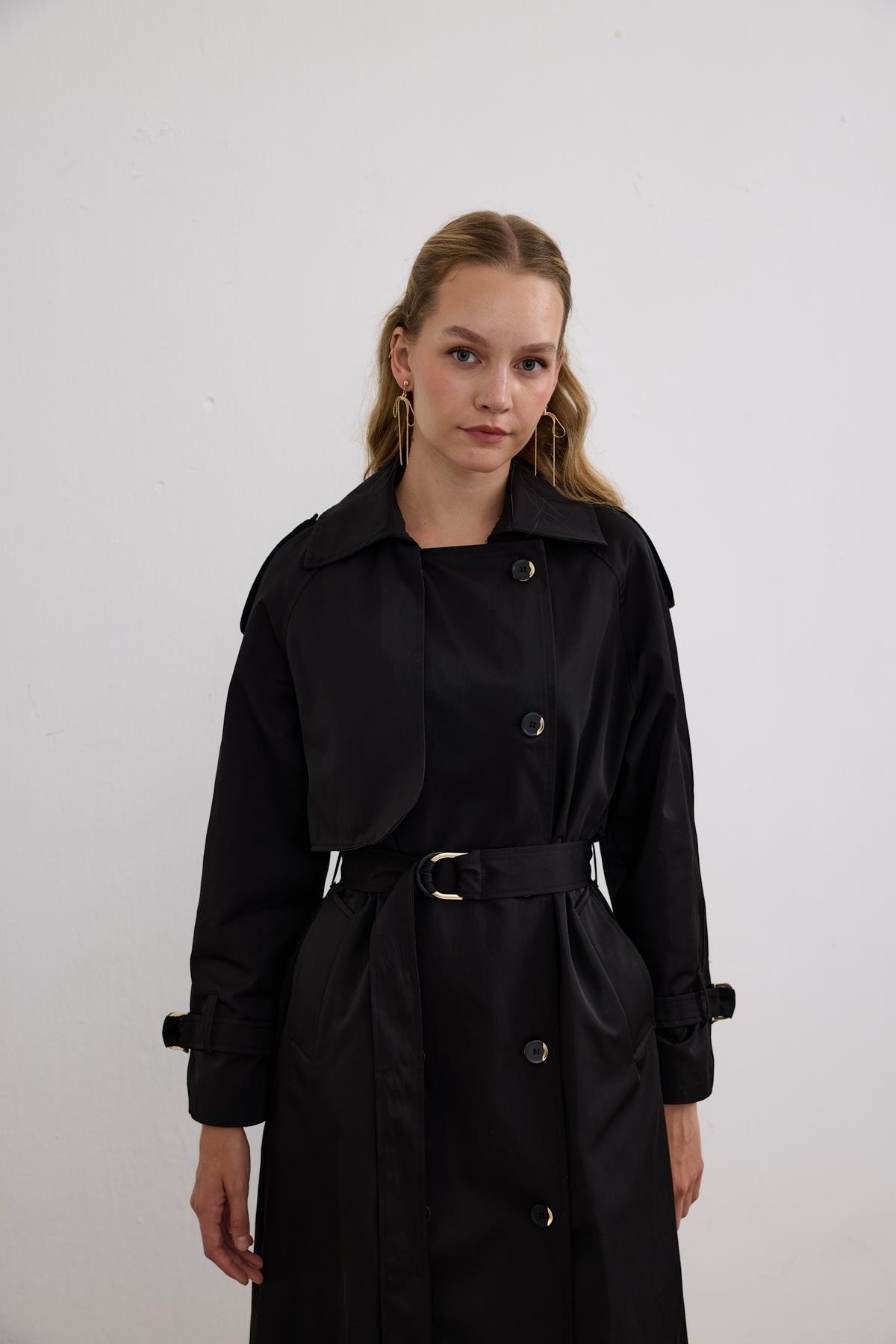 Dream Düğmeli Gold Kemerli Trençkot SİYAH