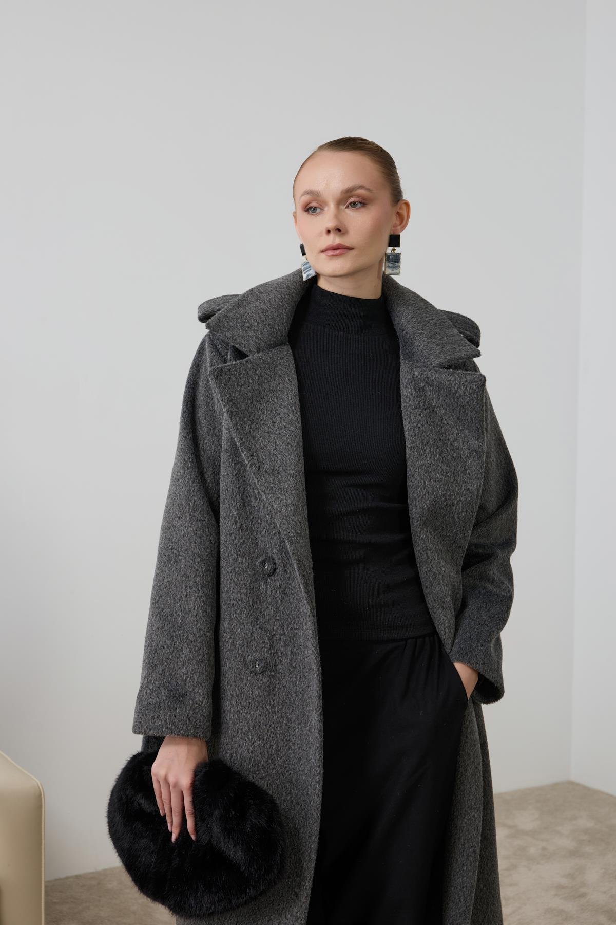 Elite Düğmeli Kuşaklı Kaban ANTRASİT