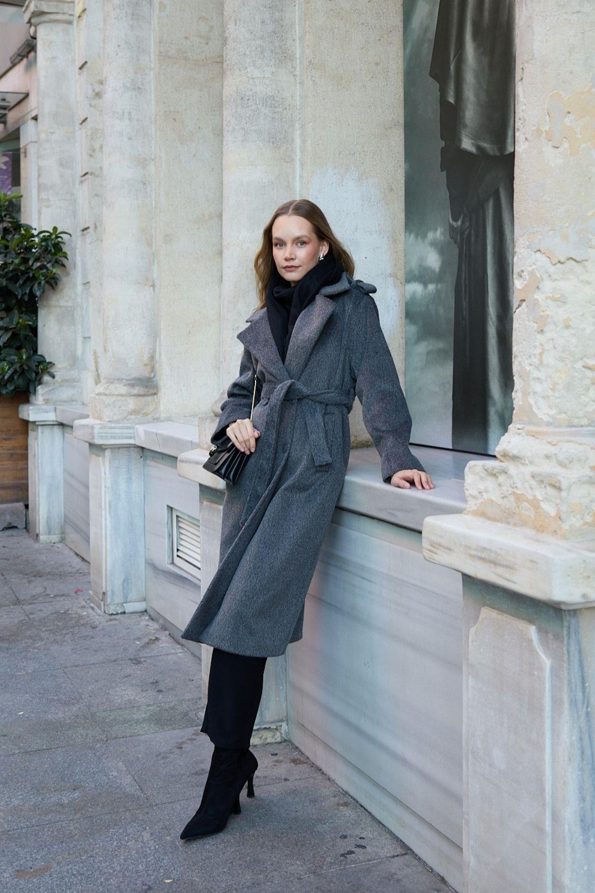 Elite Düğmeli Kuşaklı Kaban ANTRASİT