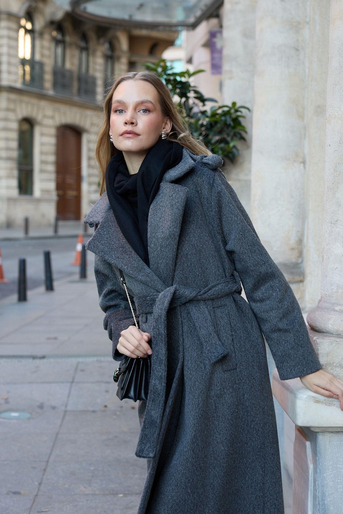 Elite Düğmeli Kuşaklı Kaban ANTRASİT