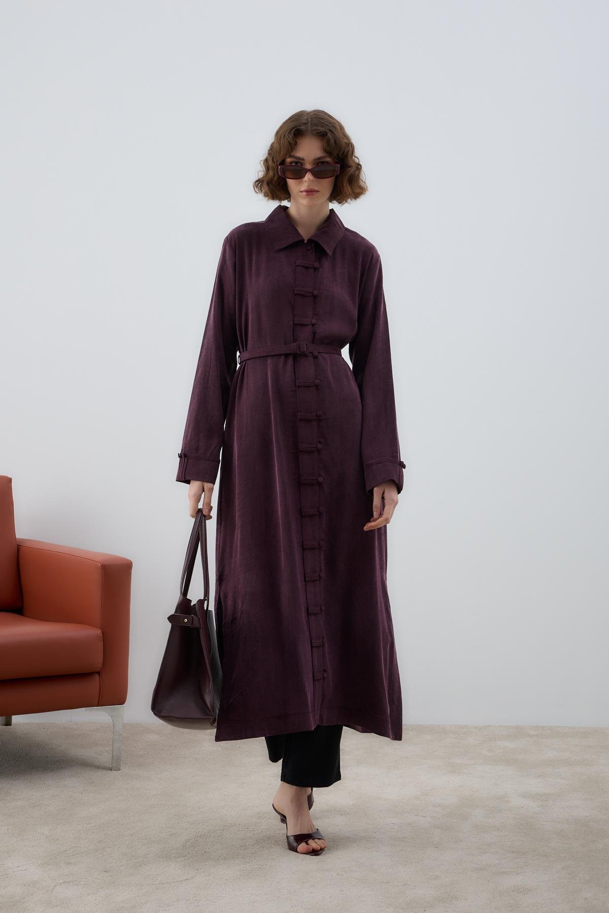 Emosh Britli Düğmeli Uzun Tunik MÜRDÜM