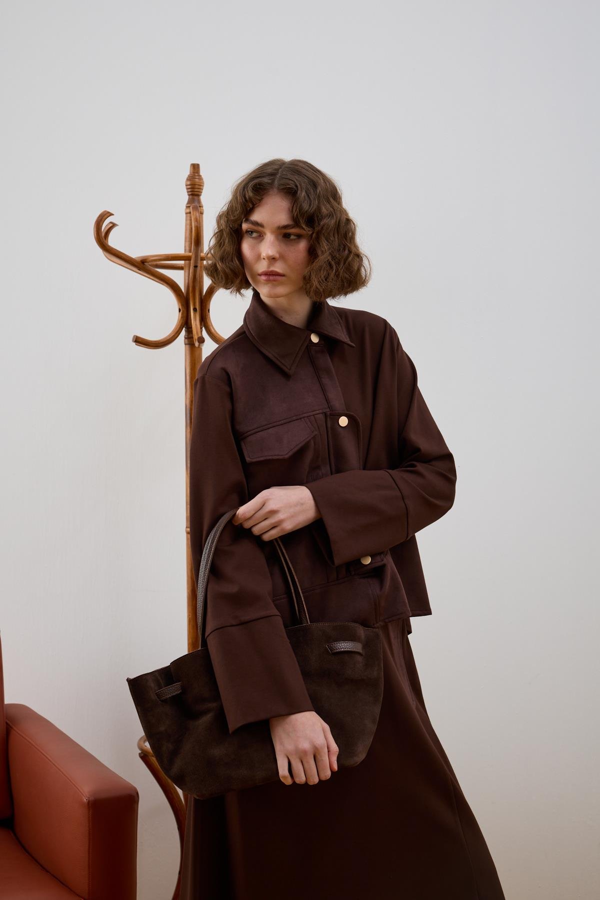 Esila Düğmeli Süet Garnili Etekli Takım KAHVERENGİ