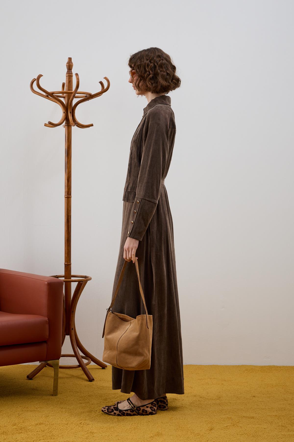 Esse Jakar Garnili Tokalı ELbise KAHVERENGİ