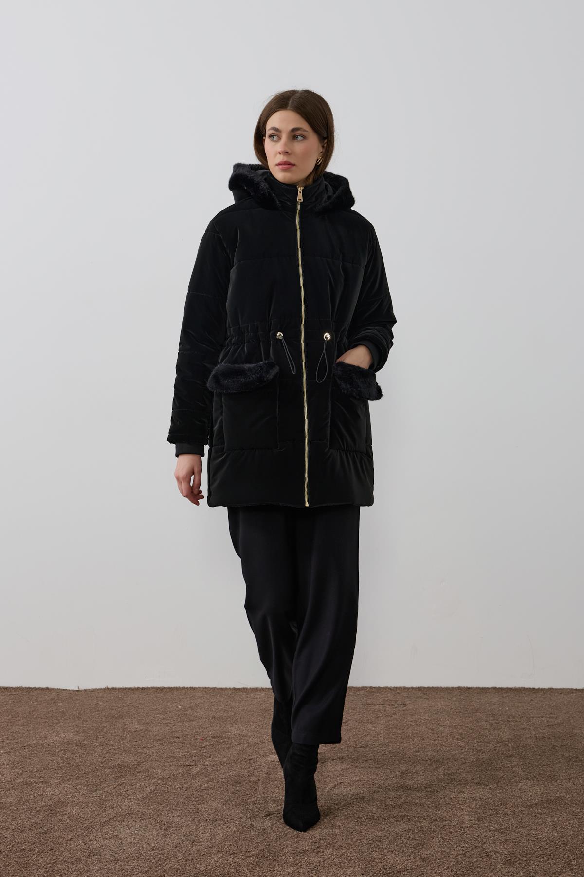 Flora Fermuarlı Kürk Detaylı Şişme Mont SİYAH