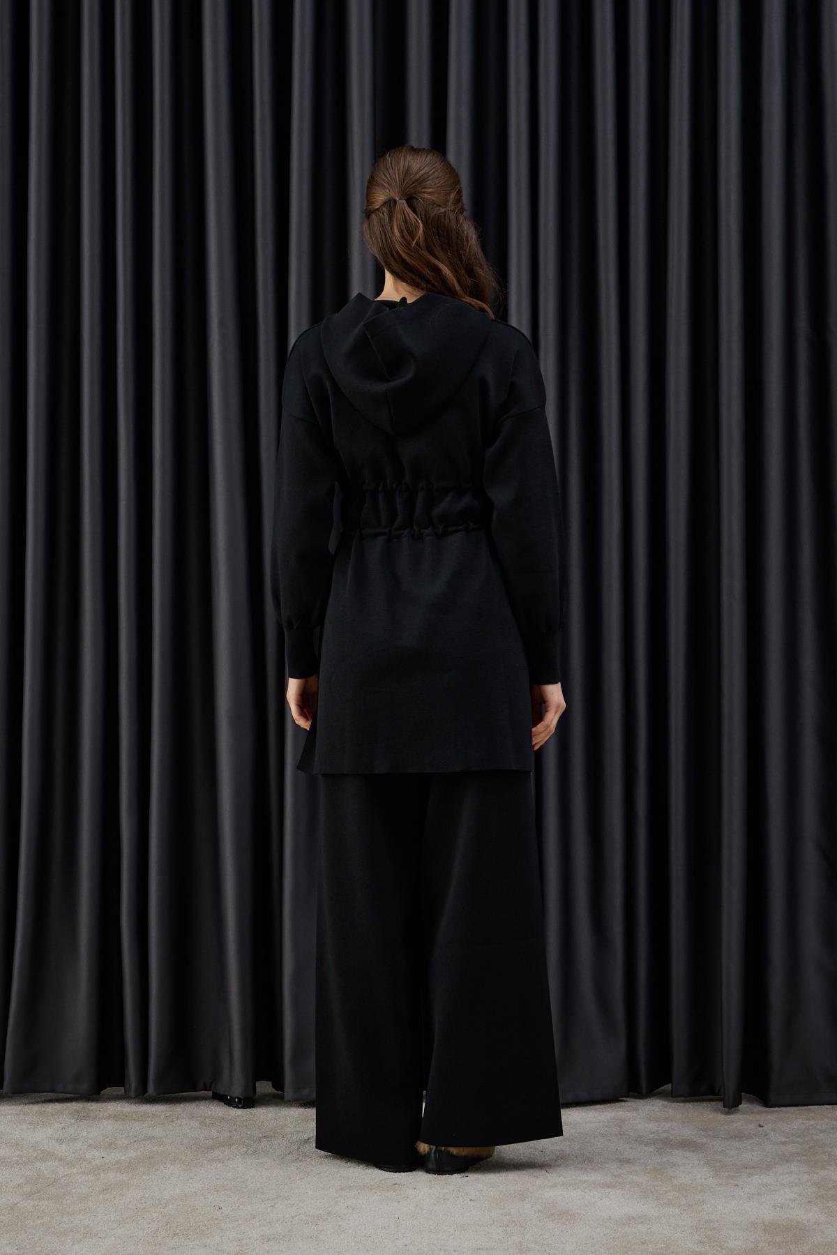 Lady Fermuarlı Kapüşonlu Triko Pantolonlu Takım SİYAH