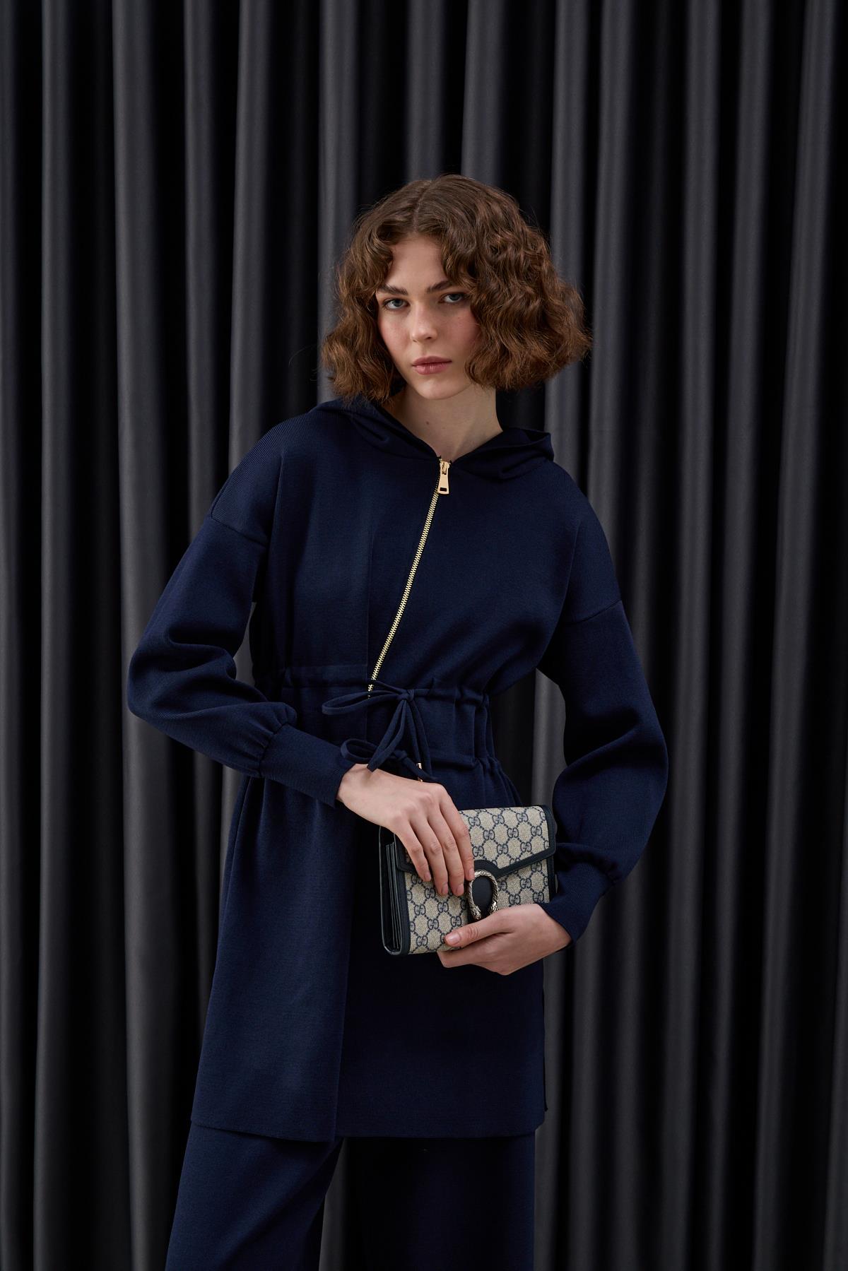 Lady Fermuarlı Kapüşonlu Triko Pantolonlu Takım LACİVERT