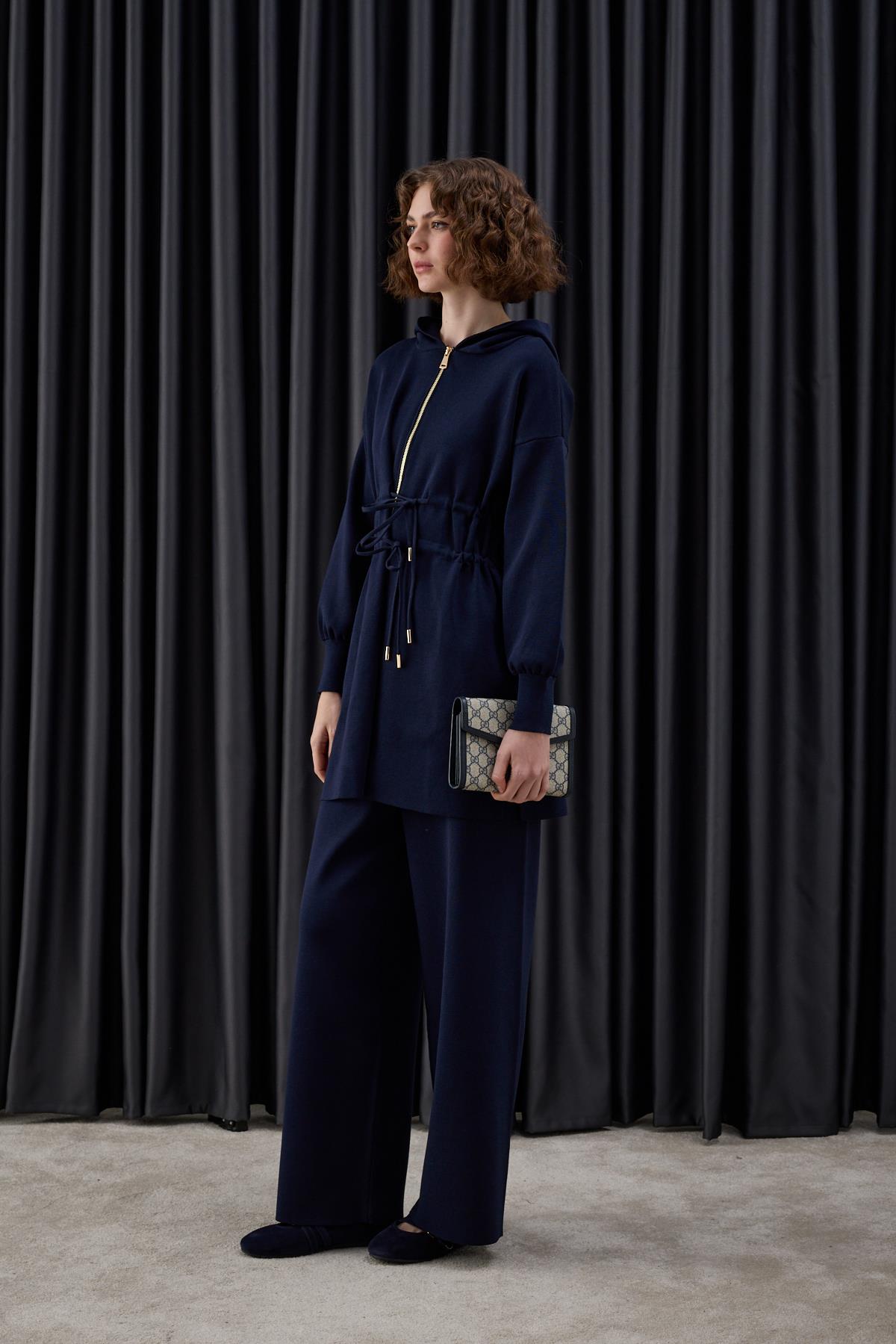 Lady Fermuarlı Kapüşonlu Triko Pantolonlu Takım LACİVERT