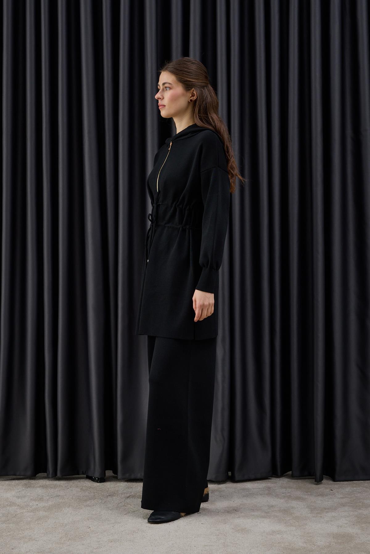 Lady Fermuarlı Kapüşonlu Triko Pantolonlu Takım SİYAH