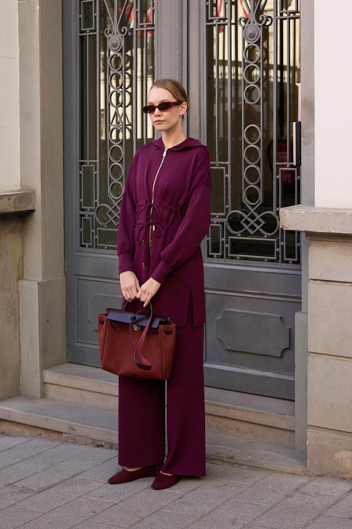 Lady Fermuarlı Kapüşonlu Triko Pantolonlu Takım MÜRDÜM