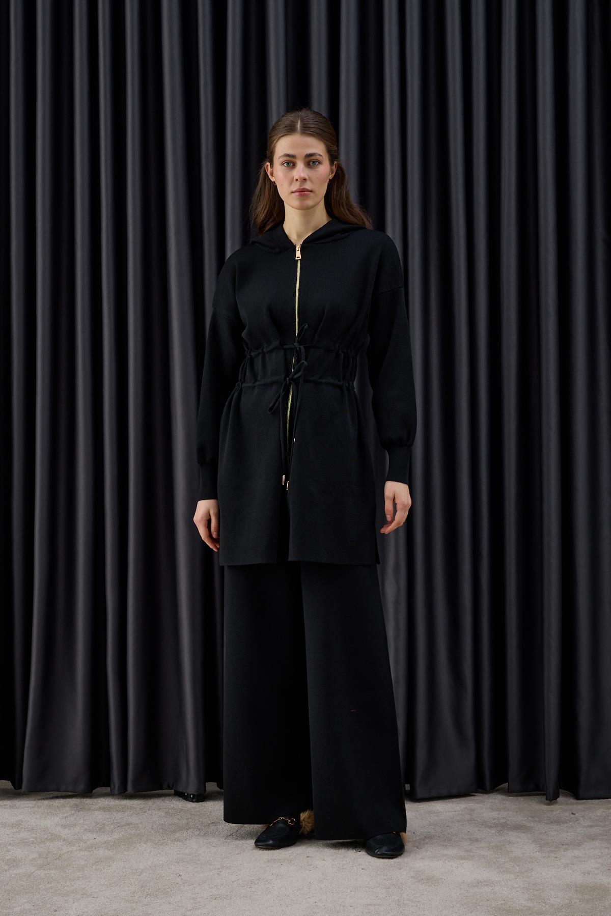 Lady Fermuarlı Kapüşonlu Triko Pantolonlu Takım SİYAH