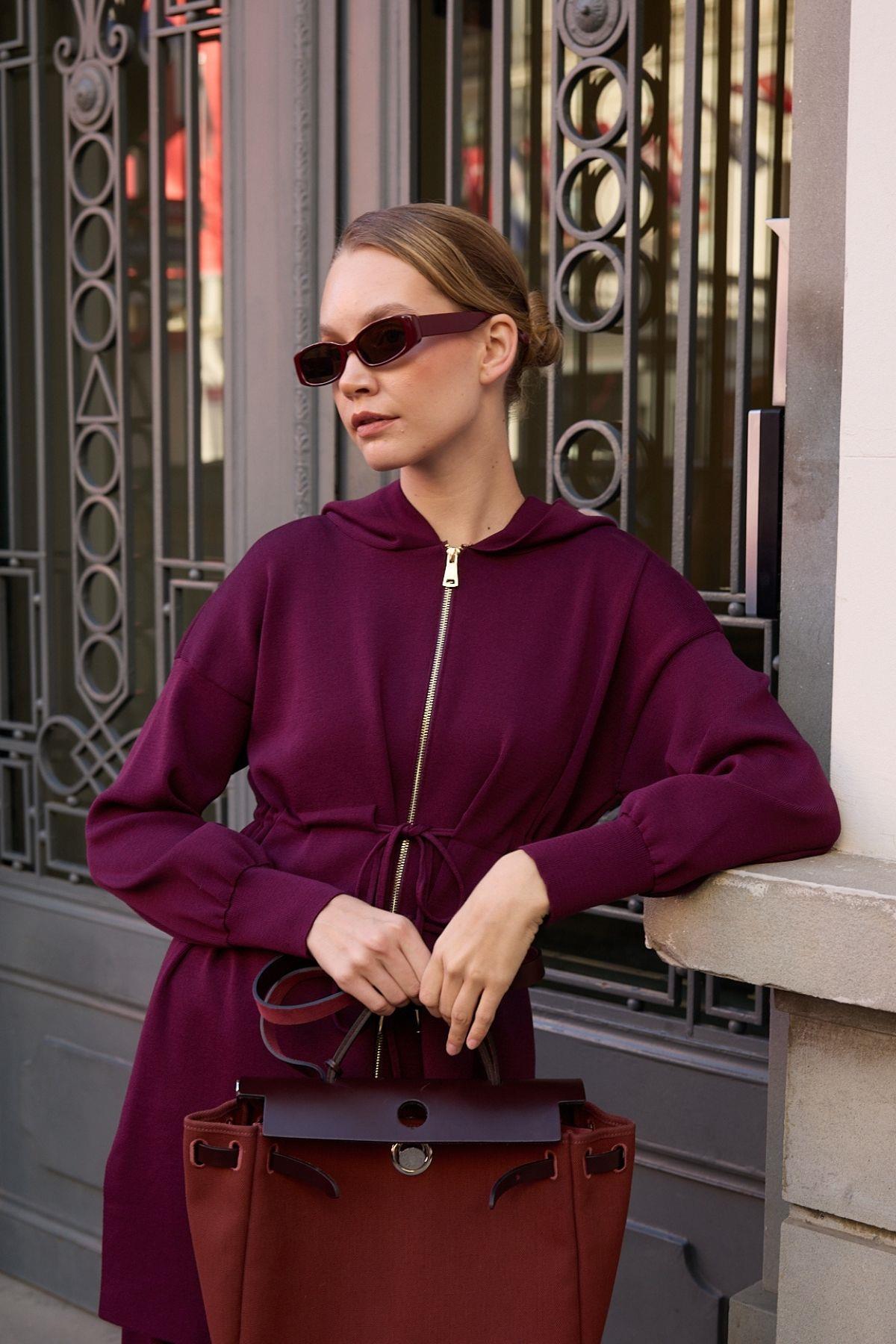 Lady Fermuarlı Kapüşonlu Triko Pantolonlu Takım MÜRDÜM