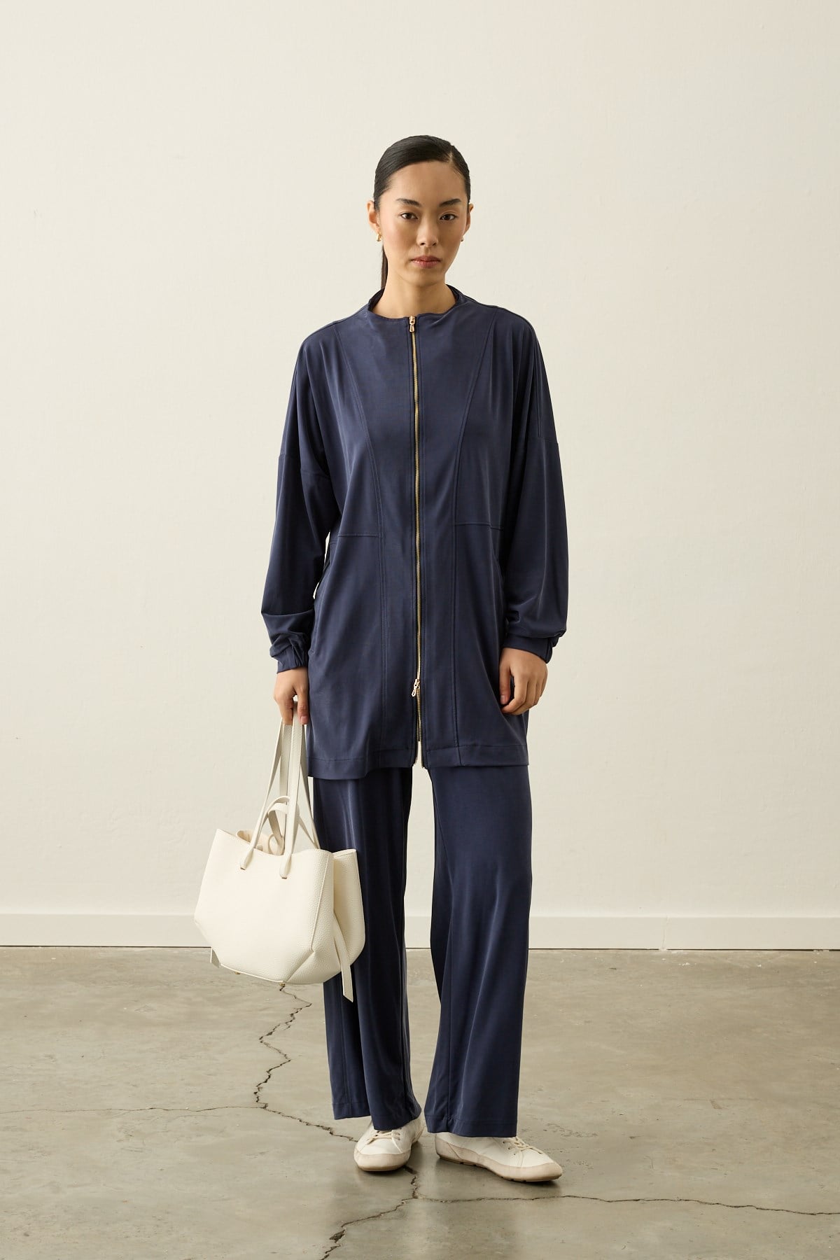 Leila Dikiş Detaylı Örme Rayon Pantolonlu Takım LACİVERT