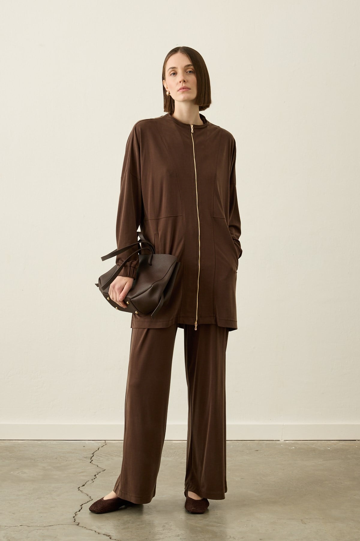 Leila Dikiş Detaylı Örme Rayon Pantolonlu Takım KAHVERENGİ