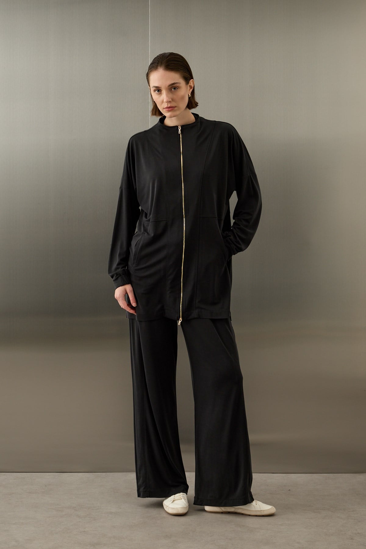 Leila Dikiş Detaylı Örme Rayon Pantolonlu Takım SİYAH