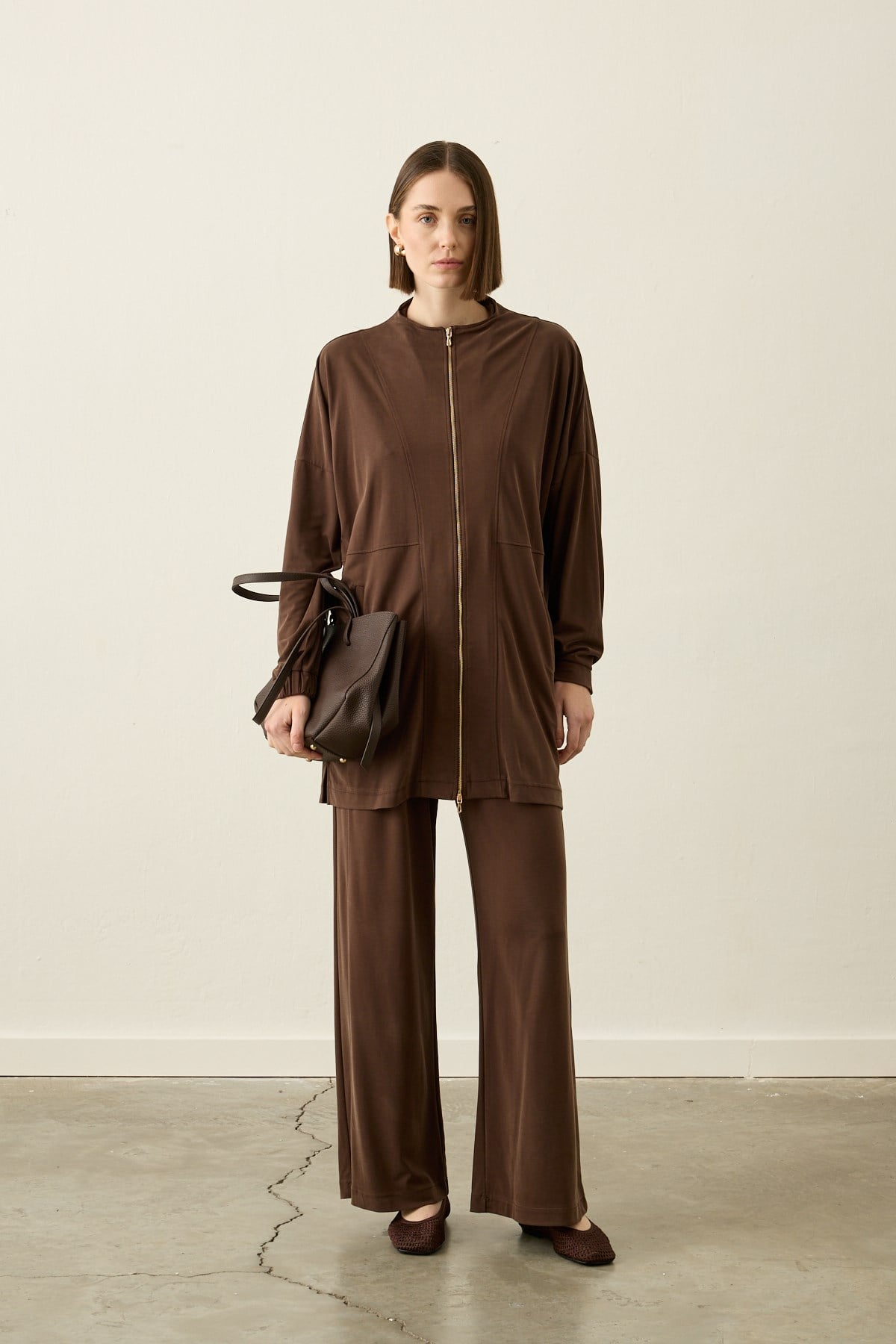 Leila Dikiş Detaylı Örme Rayon Pantolonlu Takım KAHVERENGİ