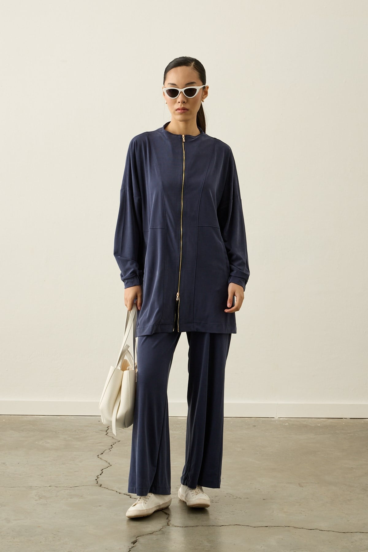 Leila Dikiş Detaylı Örme Rayon Pantolonlu Takım LACİVERT