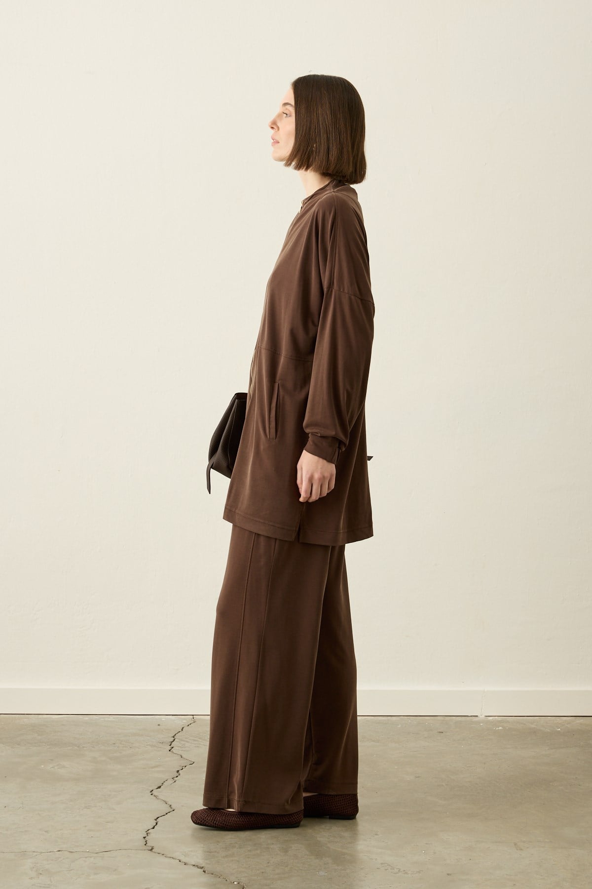 Leila Dikiş Detaylı Örme Rayon Pantolonlu Takım KAHVERENGİ