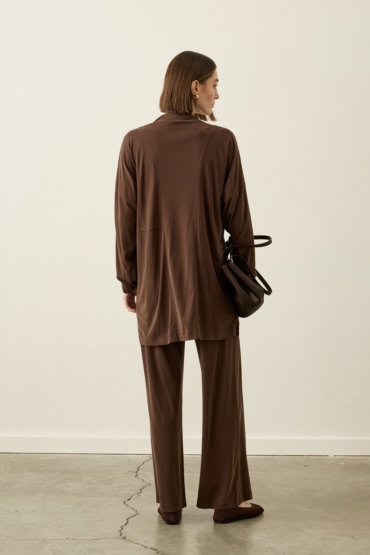 Leila Dikiş Detaylı Örme Rayon Pantolonlu Takım KAHVERENGİ