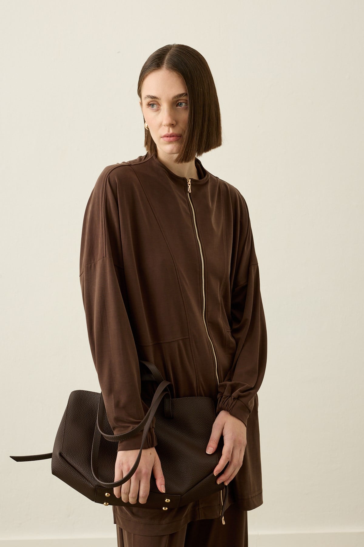 Leila Dikiş Detaylı Örme Rayon Pantolonlu Takım KAHVERENGİ