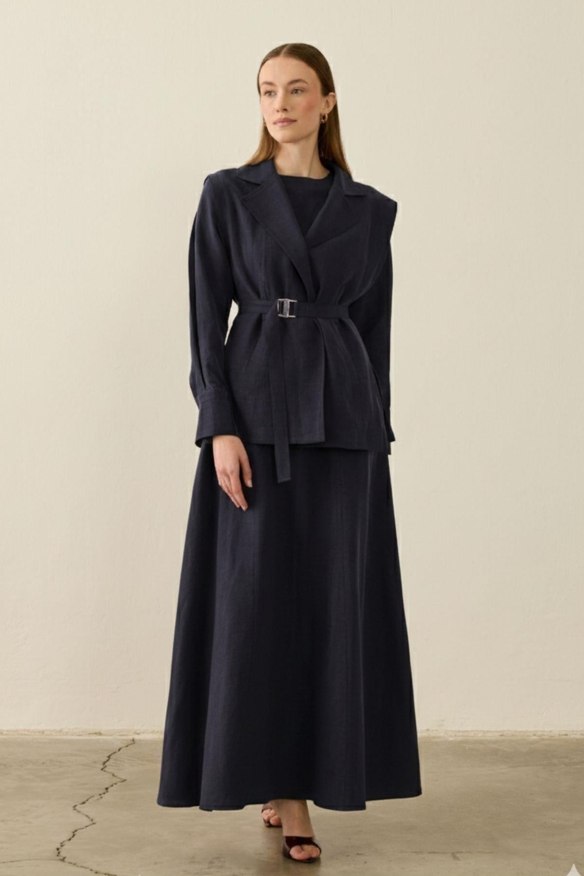 Mersi Yelekli Keten Lyocell İçlik Elbiseli Takım LACİVERT