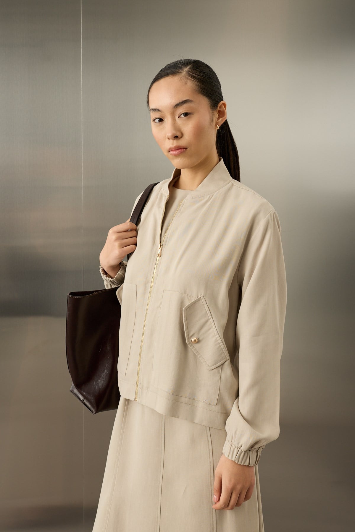 Mona Kolej Yaka Lyocell İçlik Elbiseli Takım TAŞ