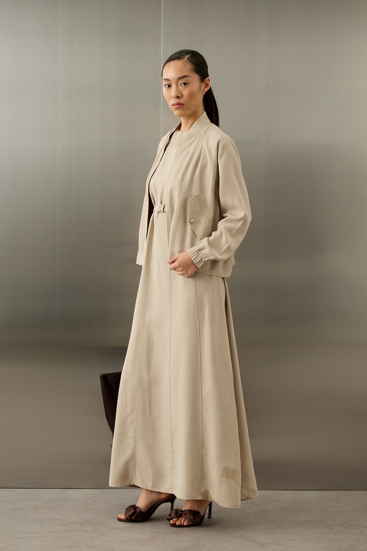 Mona Kolej Yaka Lyocell İçlik Elbiseli Takım TAŞ