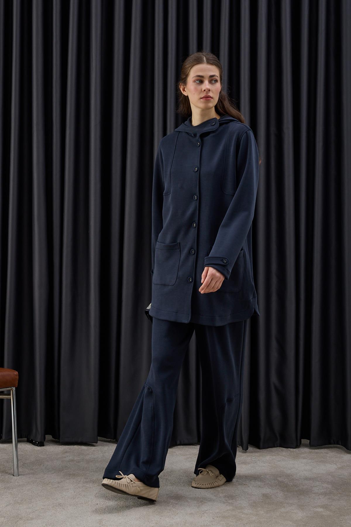 Monica Kaplama Düğmeli Eşofman Pantolonlu Takım LACİVERT