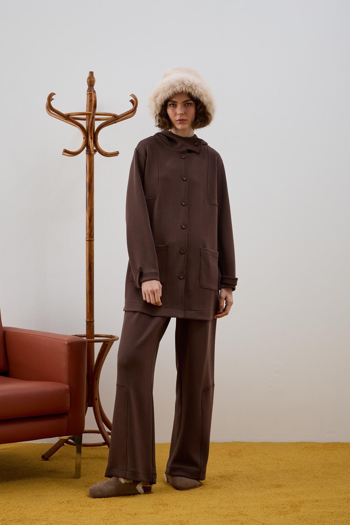 Monica Kaplama Düğmeli Eşofman Pantolonlu Takım KAHVERENGİ