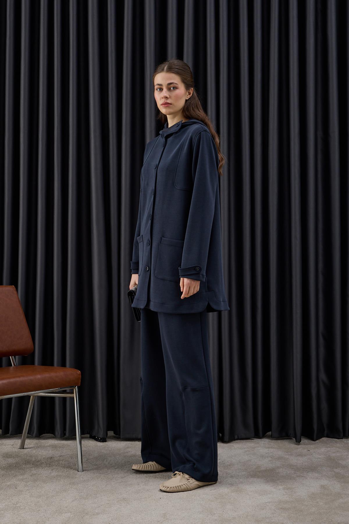 Monica Kaplama Düğmeli Eşofman Pantolonlu Takım LACİVERT