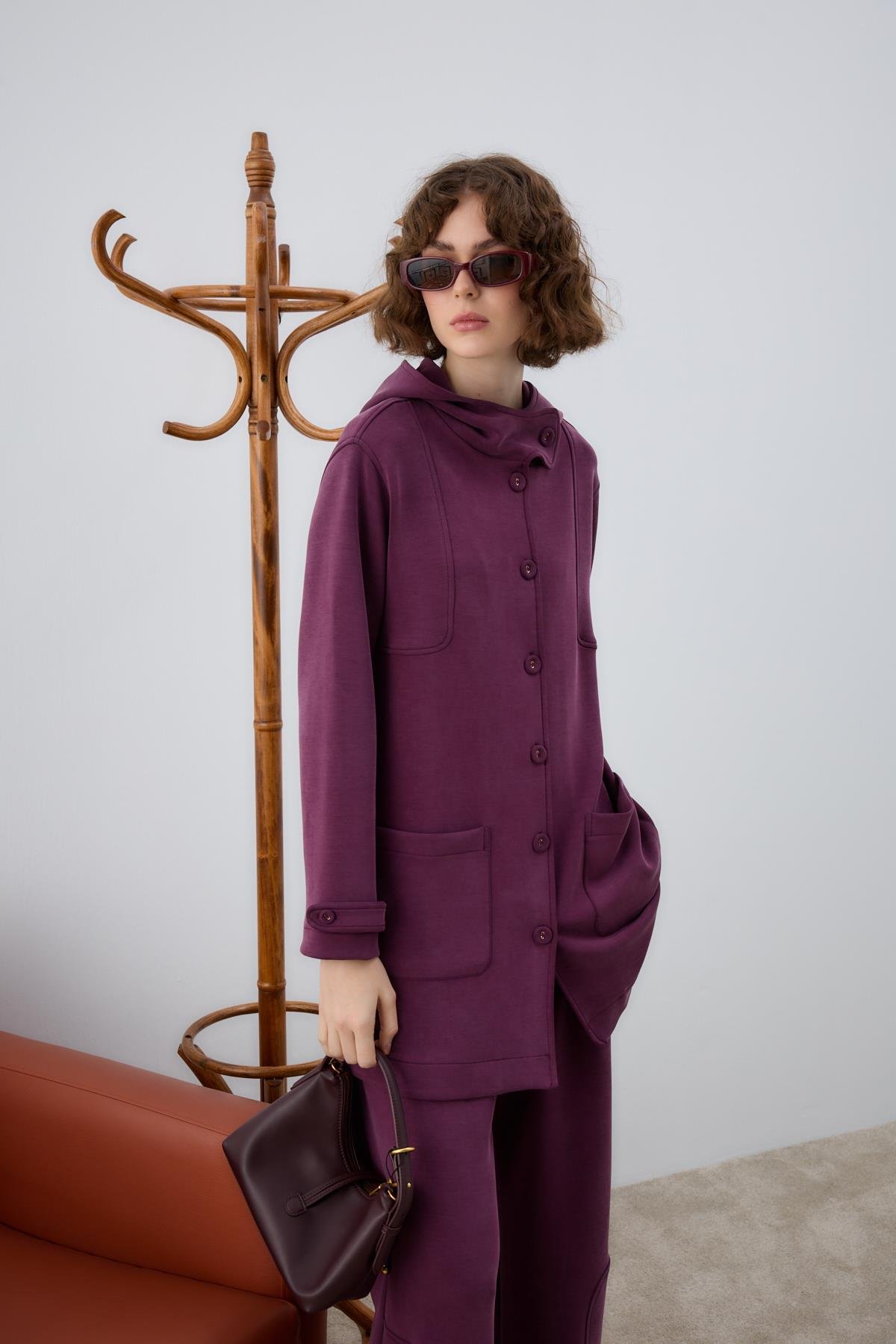 Monica Kaplama Düğmeli Eşofman Pantolonlu Takım MÜRDÜM