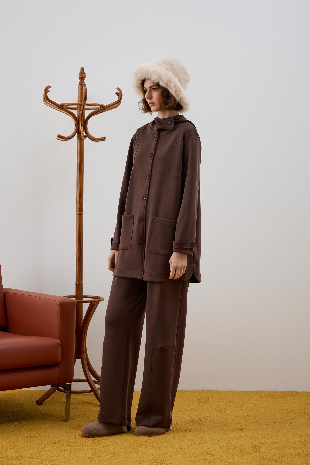 Monica Kaplama Düğmeli Eşofman Pantolonlu Takım KAHVERENGİ