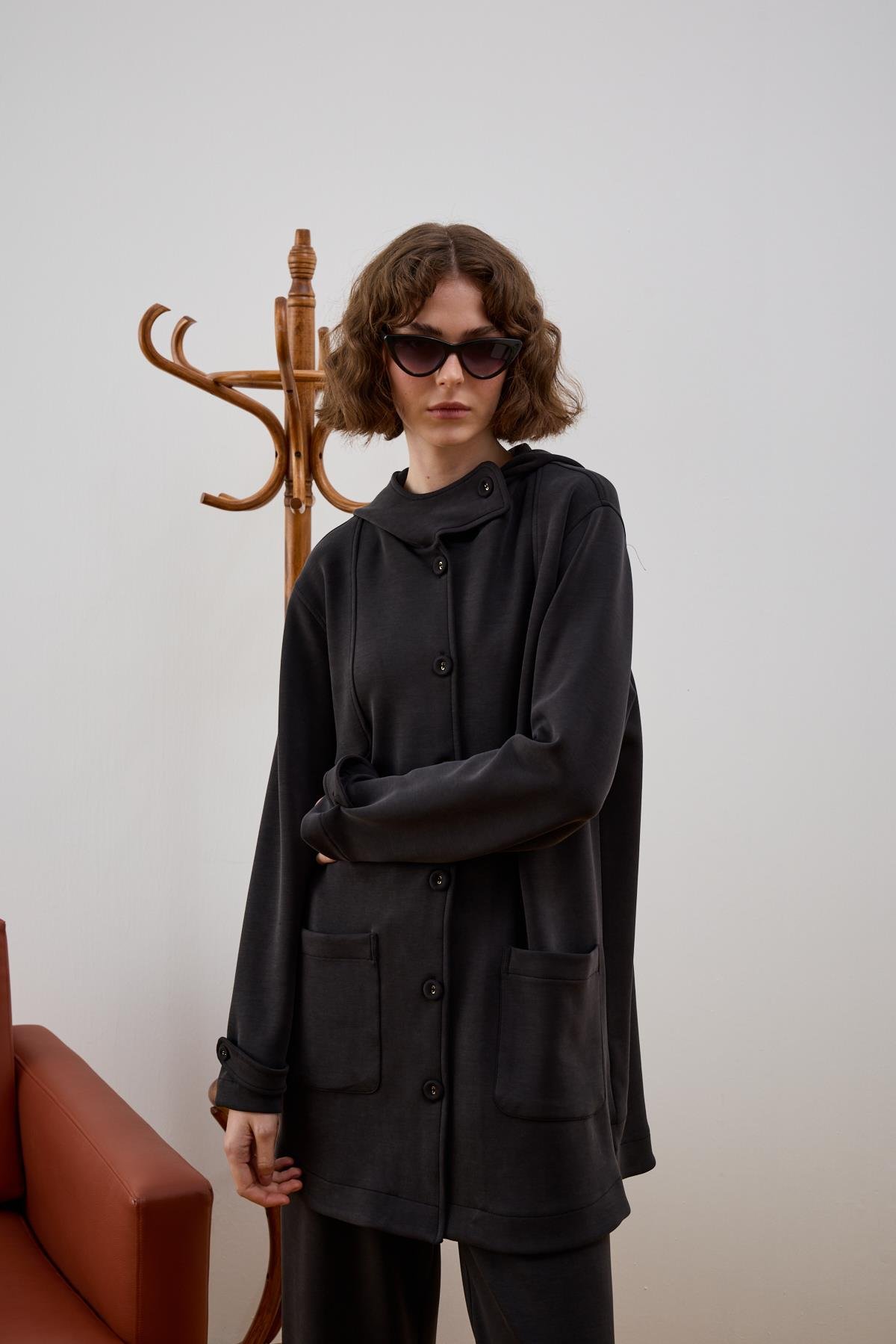 Monica Kaplama Düğmeli Eşofman Pantolonlu Takım SİYAH