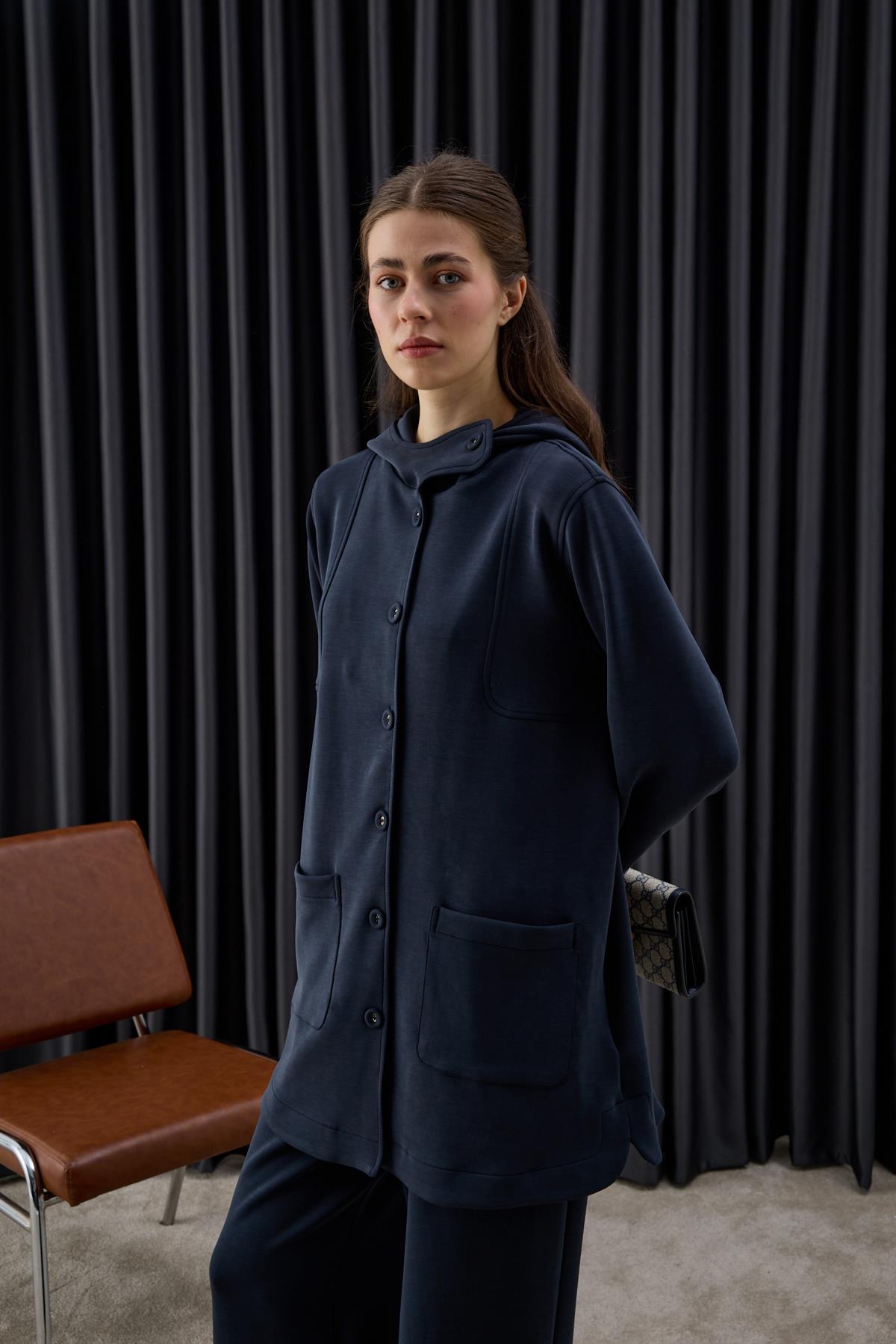 Monica Kaplama Düğmeli Eşofman Pantolonlu Takım LACİVERT