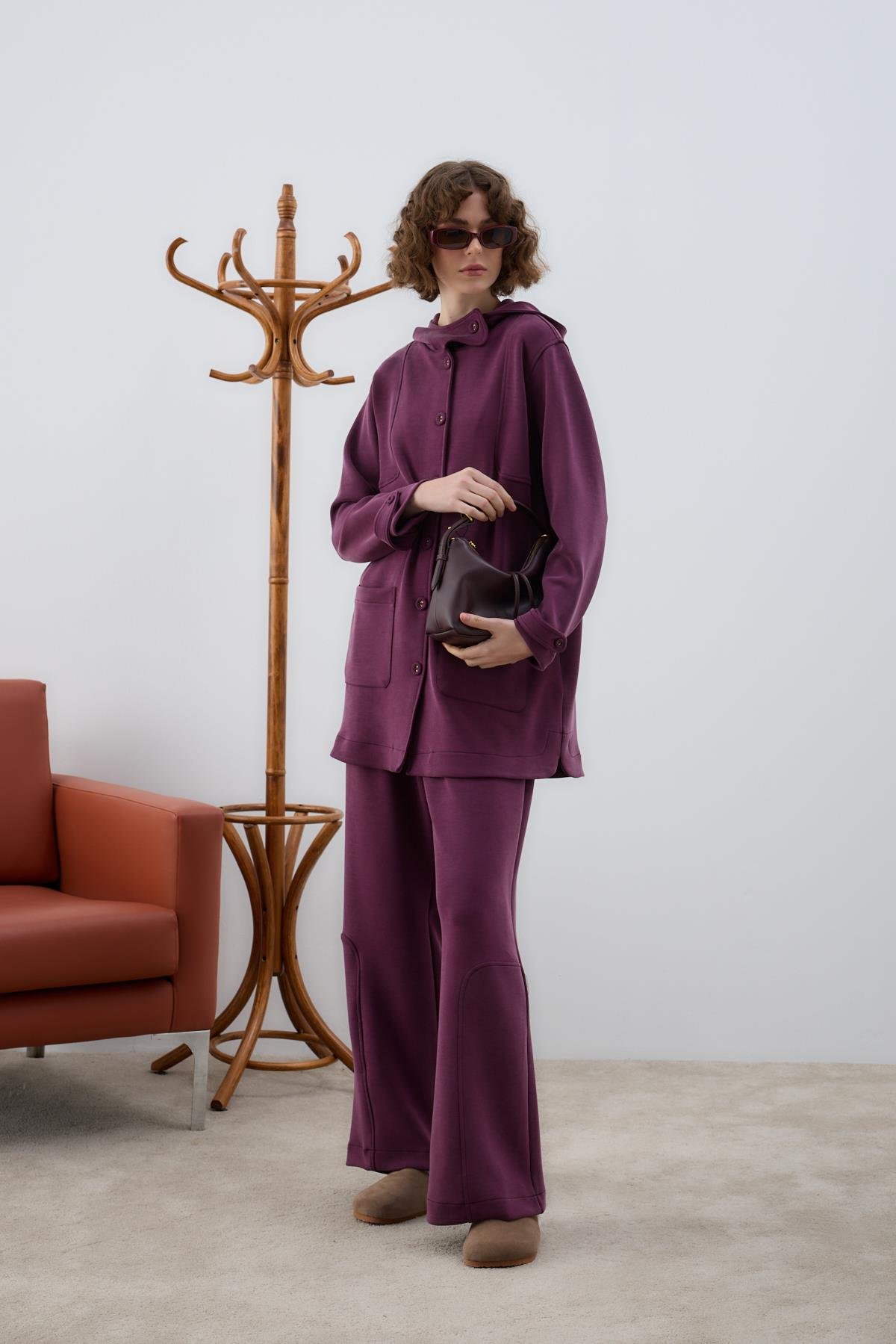 Monica Kaplama Düğmeli Eşofman Pantolonlu Takım MÜRDÜM