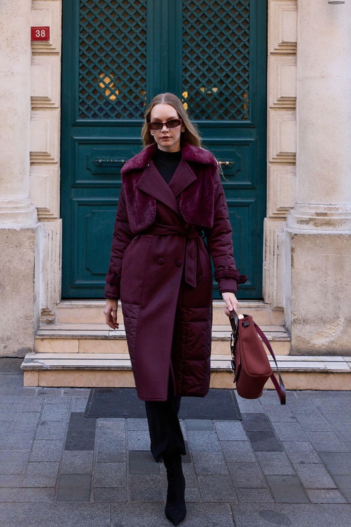 Monze Düğmeli Kürk Garnili Şişme Mont MÜRDÜM