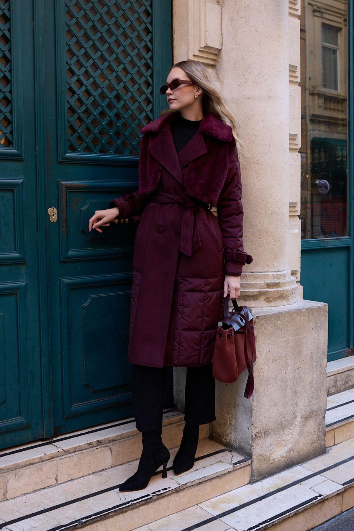 Monze Düğmeli Kürk Garnili Şişme Mont MÜRDÜM